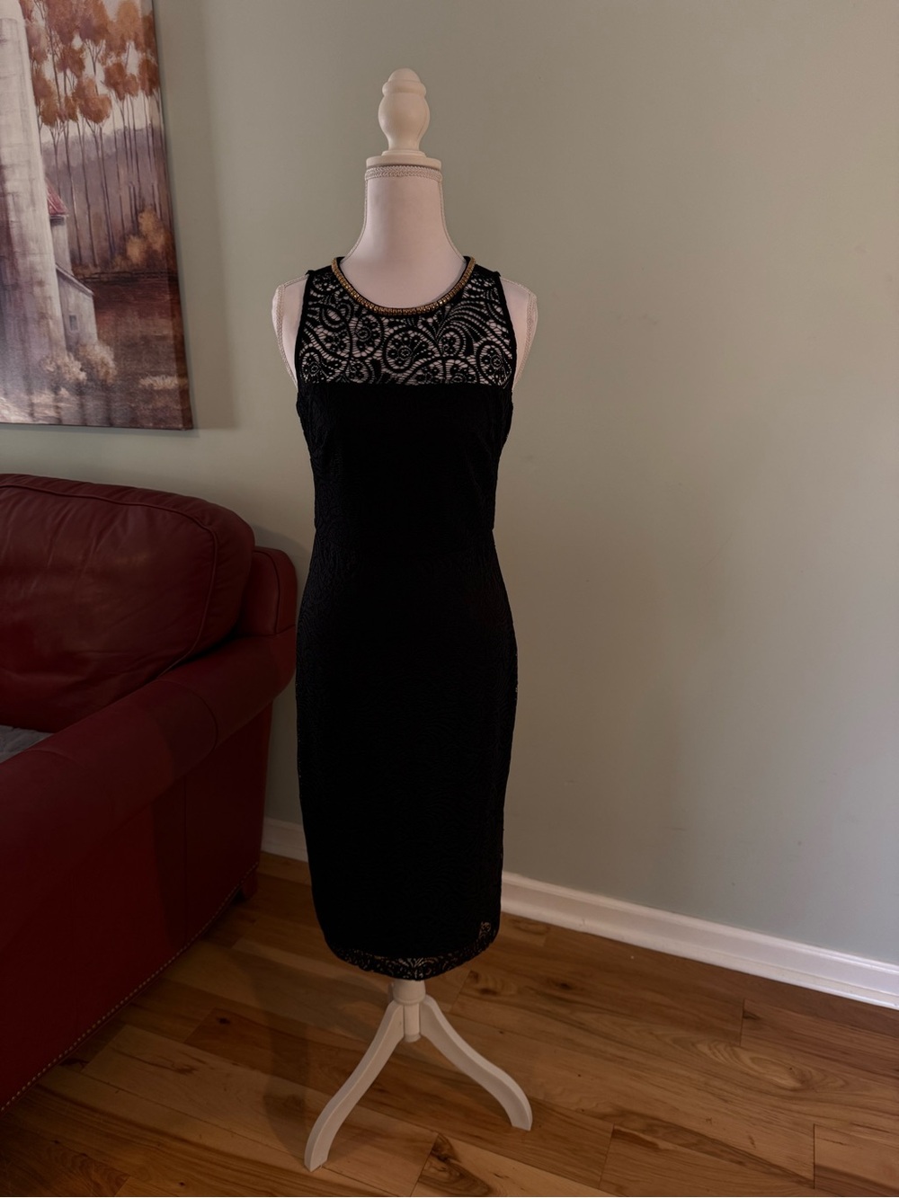 Black Lace Sheath Dress with Gold Beaded Neckline by Jessica Simpson size 2